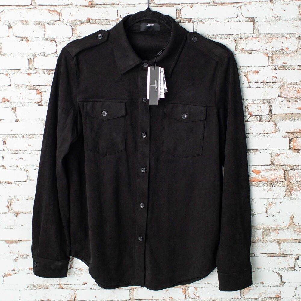 Tahari Women Small Black Faux Suede Shirt Jacket Shacket Button Front NEW